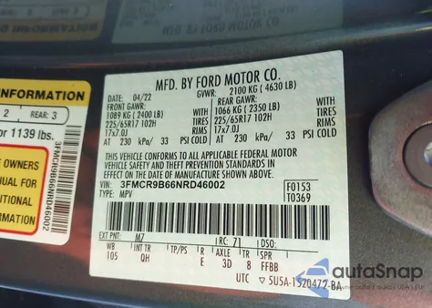 2022 Ford Bronco Sport Big Bend из США, поврежденный, VIN 3FMCR9B66NRD46002